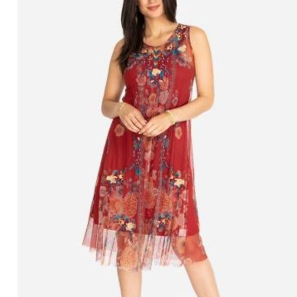 Johnny Was Dresses & Skirts - Johnny Was Krioh Mesh Dress Red Embroidered Midi S